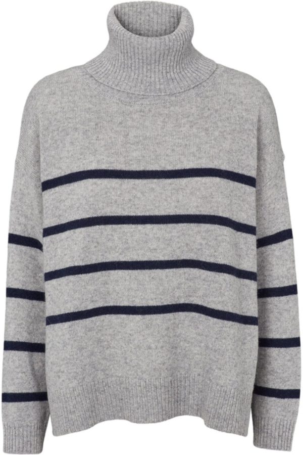 Basic Apparel - Lise Striped T-neck - 718 Light Grey Mel.   Sky Captain For Discount